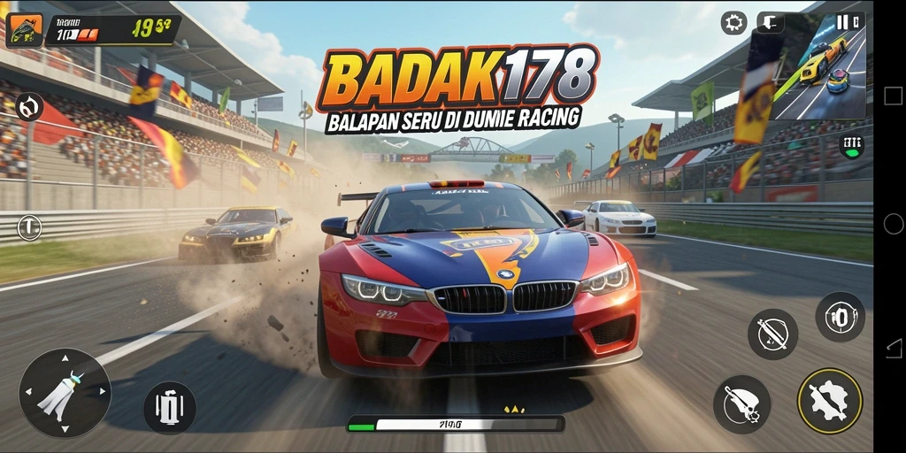 Tampilan gameplay seru dengan kendaraan melaju cepat di lintasan balapan.
