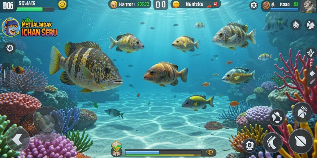 Tampilan gameplay D06 yang mengasyikkan dengan berbagai ikan yang menunggu untuk ditembak.