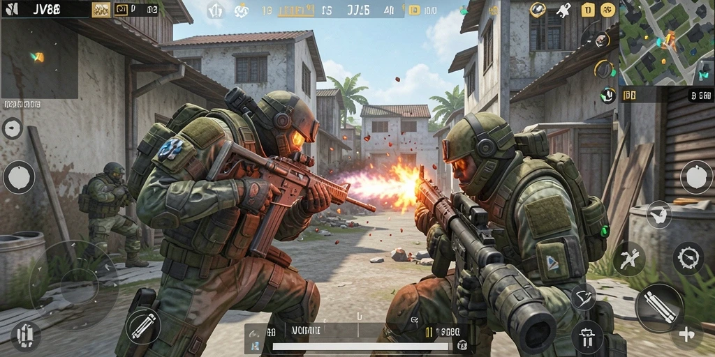 Screenshot gameplay JV88 menampilkan aksi pertempuran seru dalam game FPS.